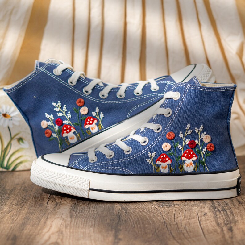 Mushroom Embroidered Converse High Top, Denim Canvas Shoes Embroidery Floral, Custom Sneakers Embroidered, Unique Women Shoes, Birthday Gift