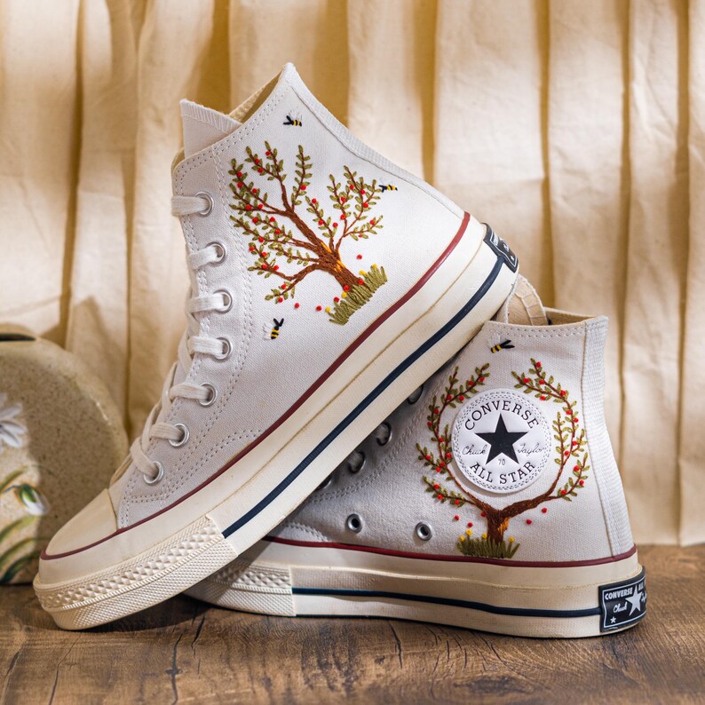 Custom Embroidered Converse Chuck Taylor High Top, Sneaker Embroidery Autumn Forest Tree Theme, Converse Shoes Embroidered Nature, Gift Idea