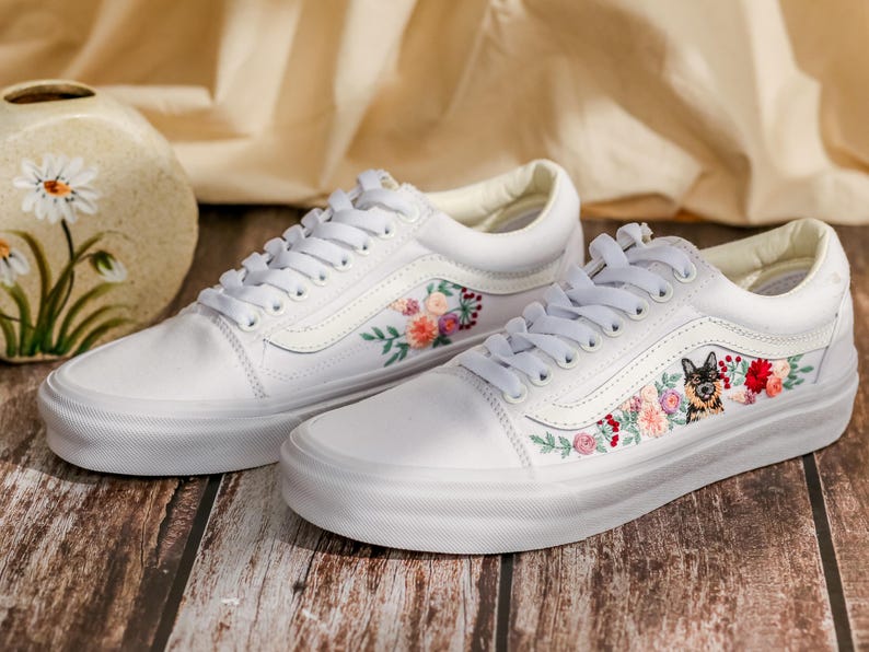 Custom Embroidered Vans Old Skool, Flowers, Pet Embroidered Wedding Reception Shoes, Floral Embroidered Sneaker, Personalized Bridal Sneaker