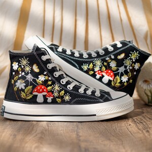 Unique Woodland Design Embroidered Converse, Custom Embroidered Sneakers High Top, Mushroom & Floral Embroidery Converse, Nature Lover Gift