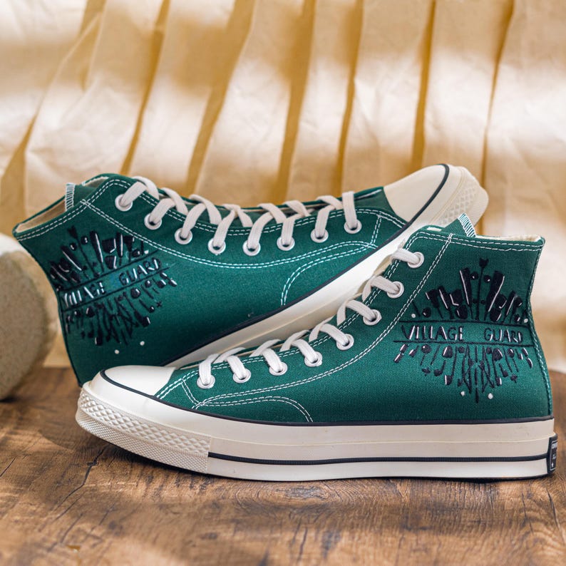 Unique Embroidered Converse High Tops, Green Sneakers Embroidered With Village Guard Motif And Dandelion Art, Unique Custom Shoes, Gift Idea