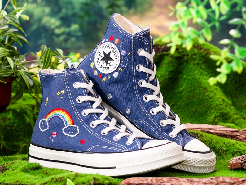 Converse Embroidery Shoes, Rainbow Embroidered Converse High Tops, Sky,  Star Embroidered Shoes,  Rainbow Embroidered Sneakers, Gift for Her