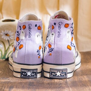 Custom Halloween Embroidered Converse High Top, Purple Converse Embroidery With Ghost & Pumpkin, Unique Embroidered Sneakers, Halloween Gift