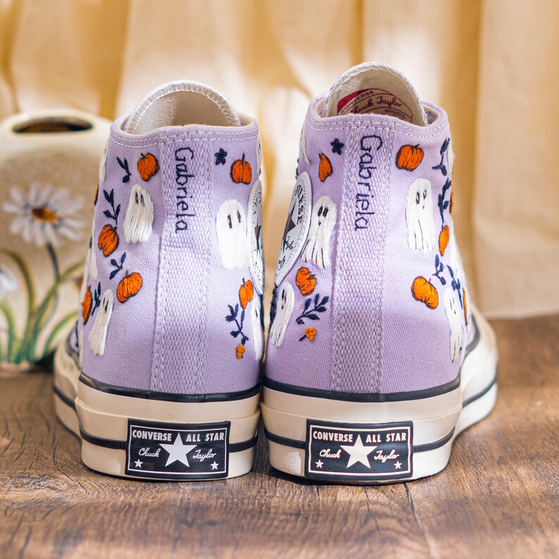 Custom Halloween Embroidered Converse High Top, Purple Converse Embroidery With Ghost & Pumpkin, Unique Embroidered Sneakers, Halloween Gift