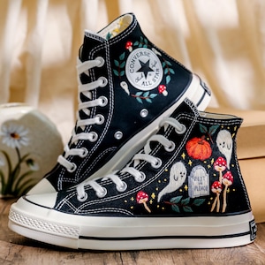 Custom Embroidery Converse, Ghost and Pumpkin Embroidered Sneaker, Ghost Embroidery Halloween Vibes Embroidered Shoes Custom, Halloween Gift