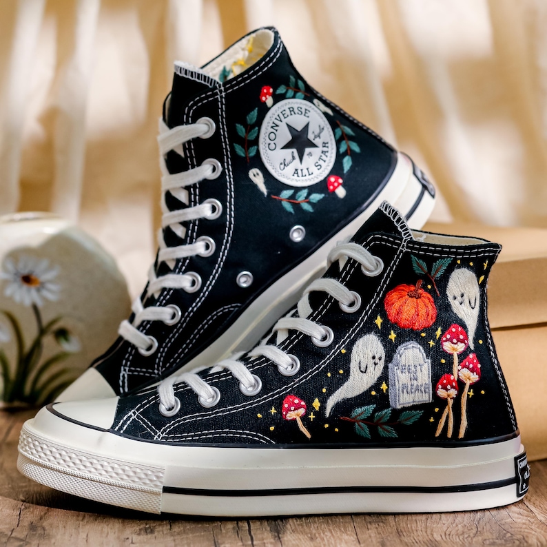 Custom Embroidery Converse, Ghost and Pumpkin Embroidered Sneaker, Ghost Embroidery Halloween Vibes Embroidered Shoes Custom, Halloween Gift