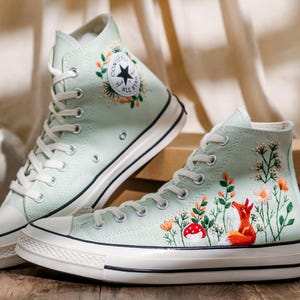 Embroidered Converse Summit Sage, Graden Floral and Fox Embroidered Shoes, Mushroom, Red Fox Embroidered Sneakers, Converse Embroidery Fox