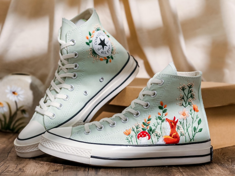 Embroidered Converse Summit Sage, Graden Floral and Fox Embroidered Shoes, Mushroom, Red Fox Embroidered Sneakers, Converse Embroidery Fox