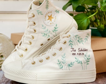 Wedding Converse for Bride Ivory, Bridal Flower Embroidered Sneaker, Luxury Wedding Shoes, Flower Embroidered Shoes Custom, Wedding Gift