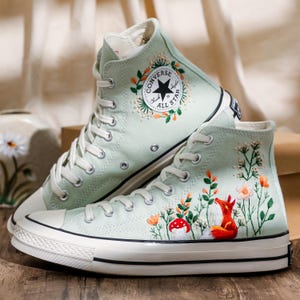 Embroidered Converse Summit Sage, Graden Floral and Fox Embroidered Shoes, Mushroom, Red Fox Embroidered Sneakers, Converse Embroidery Fox