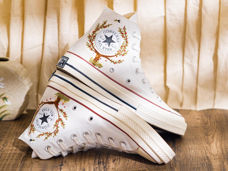 Custom Embroidered Converse Chuck Taylor High Top, Sneaker Embroidery Autumn Forest Tree Theme, Converse Shoes Embroidered Nature, Gift Idea