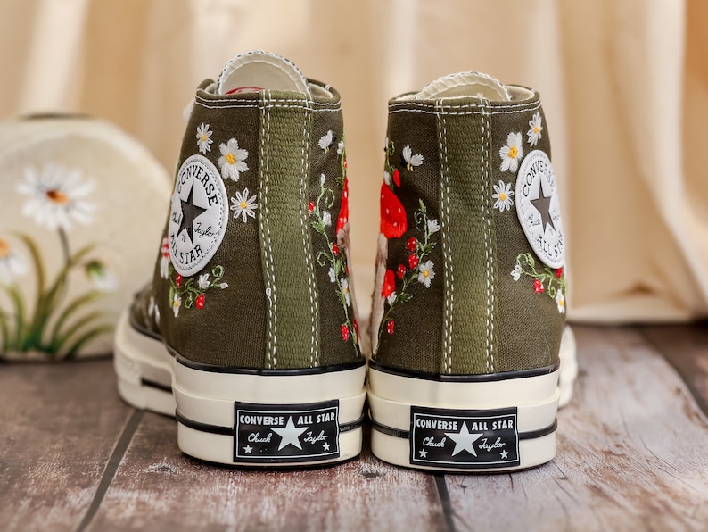 Customized Converse Embroidered Shoes, Mushrooms Embroidered Sneakers Women, Gardens Mushrooms, Strawberry Embroidered Converse Chuck Taylor