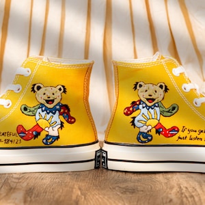 Custom Character Embroidered Converse High Tops, Funny Teddy Bear Embroidery Shoes Yellow, Personalized Embroidered Sneaker, Cute Gift Idea