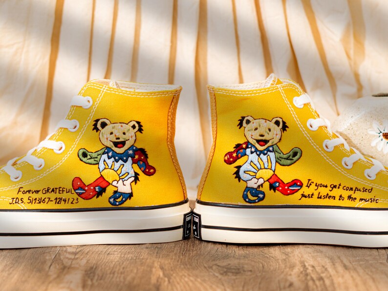 Custom Character Embroidered Converse High Tops, Funny Teddy Bear Embroidery Shoes Yellow, Personalized Embroidered Sneaker, Cute Gift Idea