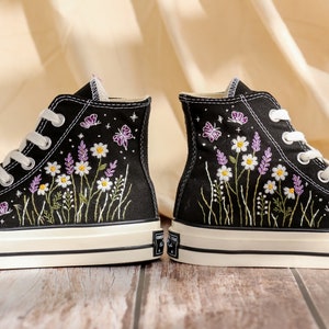 Embroidered Converse High Tops, Daisy, Lavender Flowers Embroidered Shoes, Converse Embroidery Butterfly, Floral, Anniversary Gifts for Her