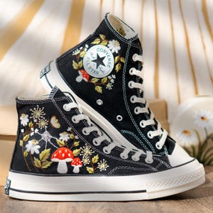 Unique Woodland Design Embroidered Converse, Custom Embroidered Sneakers High Top, Mushroom & Floral Embroidery Converse, Nature Lover Gift