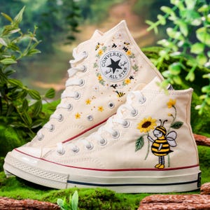 Custom Floral Converse, Bees, Sunflowers Embroidery Converse, Flower and Bee Embroidered Shoes, Unique Custom Floral Sneakers, Gift For Her