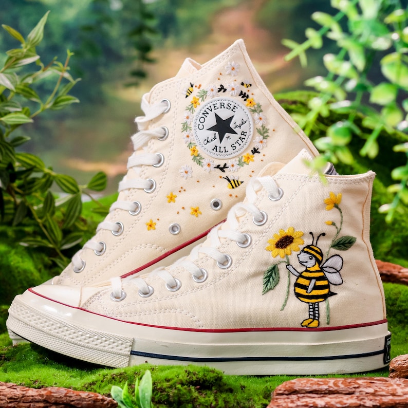 Custom Floral Converse, Bees, Sunflowers Embroidery Converse, Flower and Bee Embroidered Shoes, Unique Custom Floral Sneakers, Gift For Her