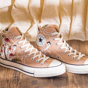 Custom Halloween Embroidered Converse High Tops, Brown Converse Embroidery With Ghost And Mushroom, Unique Custom Sneakers, Halloween Gifts