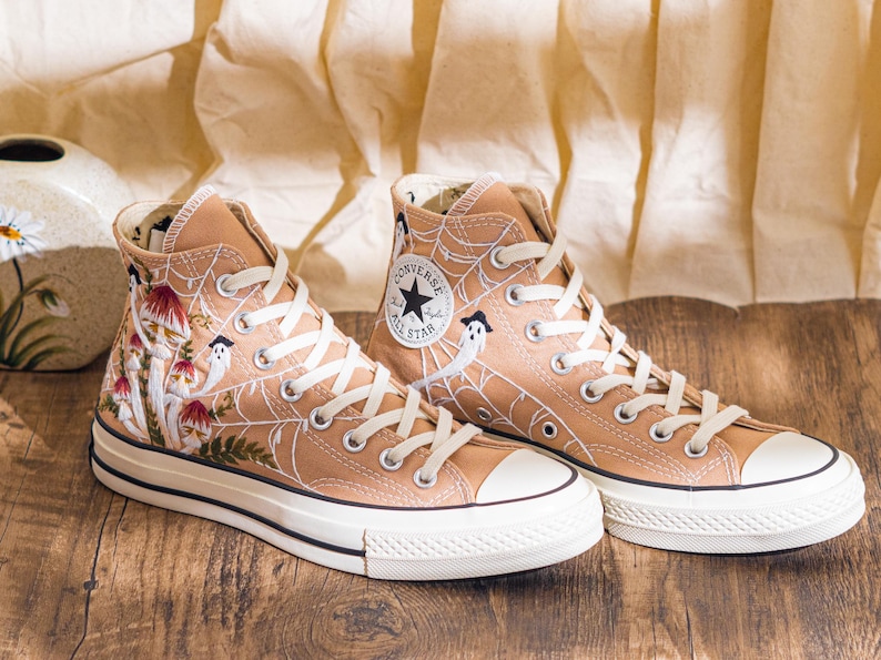 Custom Halloween Embroidered Converse High Tops, Brown Converse Embroidery With Ghost And Mushroom, Unique Custom Sneakers, Halloween Gifts