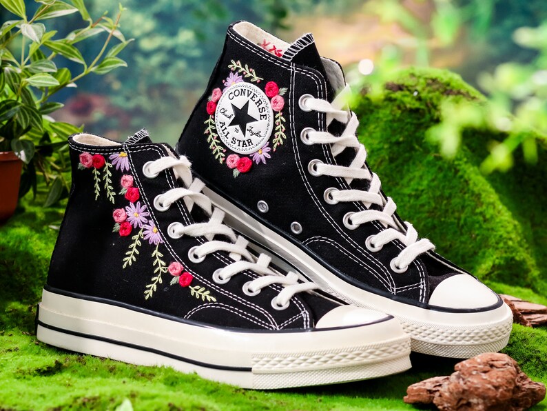 Embroidered Converse, Bridal Flower Embroidered Shoes, Wedding Flower Embroidered Sneakers, Personalized Bridal Sneaker, Custom Wedding