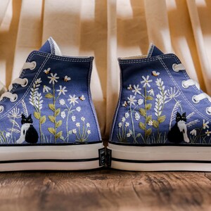 Custom Flowers and Cat Embroidered Converse Blue High Tops, Custom Converse Embroidered Floral, Pet Embroidered Shoes, Gifts for Pet Lovers