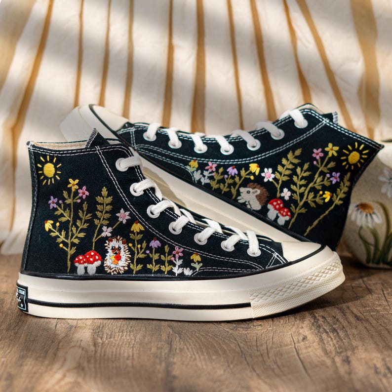 Handcrafted Embroidered Converse High Top, Custom Floral Embroidery Converse, Hedgehog And Mushroom Design Embroidered Sneakers, Unique Gift