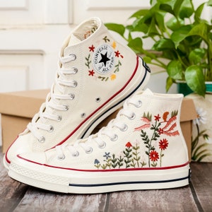 Embroidered Converse, Custom Converse High Top Chuck Taylor 1970s, Converse Embroidered With Flowers And Sun, Personalized Gifts for Her