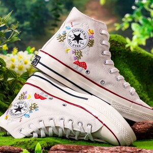 Custom Embroidered Converse High Tops, Graden Flower and Mushroom Embroidered Shoes, Floral Embroidered Sneakers Custom, Gift for Her