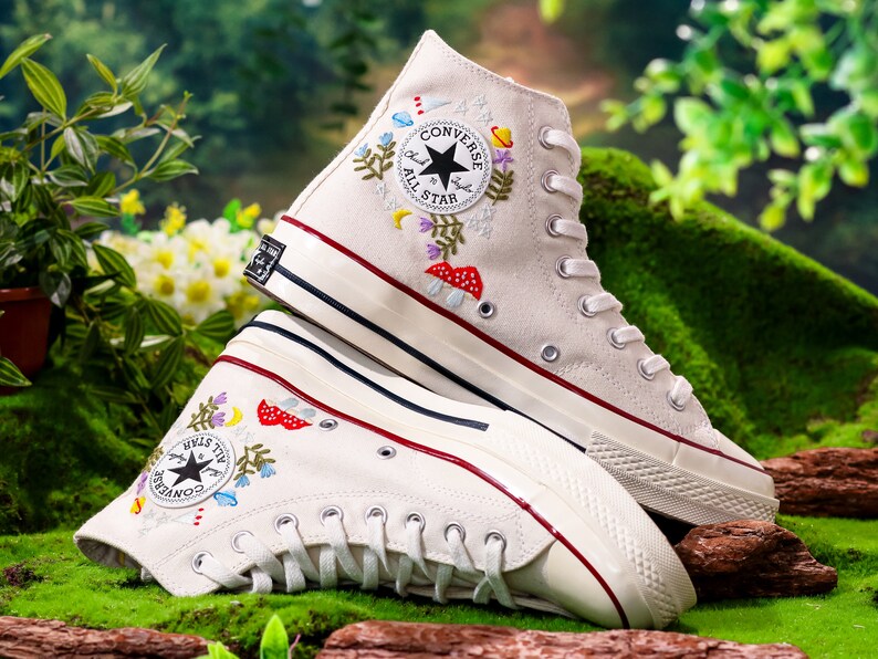 Custom Embroidered Converse High Tops, Graden Flower and Mushroom Embroidered Shoes, Floral Embroidered Sneakers Custom, Gift for Her