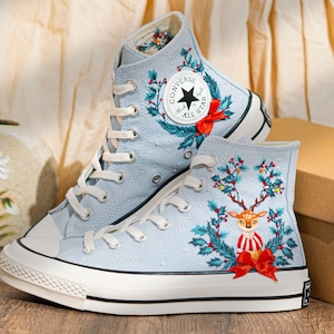 Reindeer & Christmas Flowers Embroidered Converse Shoes, Reindeer  Embroidery Shoes, Winter Holiday Shoes, Merry Christmas Gift for Her