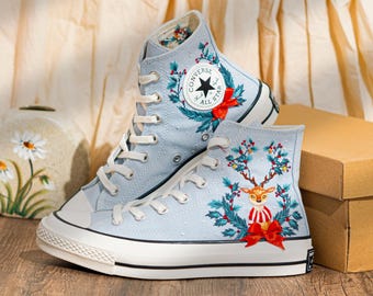 カスタムコンバースハイトップ刺繍トナカイクリスマス、パーソナライズ