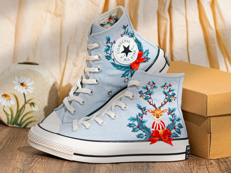 Reindeer & Christmas Flowers Embroidered Converse Shoes, Reindeer  Embroidery Shoes, Winter Holiday Shoes, Merry Christmas Gift for Her
