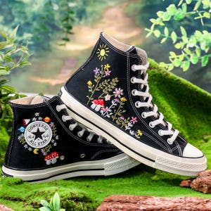 Embroidered Converse,  Custom  Sun, Mushrooms & Wildflowers Embroidery Converse, Sneaker Embroidered Floral, Whimsical Nature-Inspired Shoe