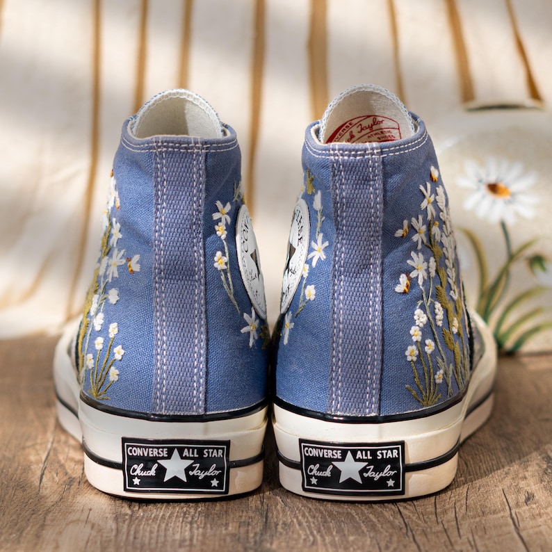Blue Denim Cat And Floral Design Embroidery Converse, Custom Embroidered Sneakers High Top, Unique Converse Shoes, Custom Gift For Cat Lover