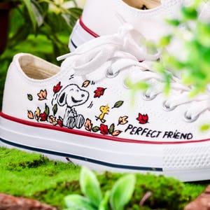 Handpainted Embroidered Converse Low Top, Converse Embroidery Cute Beagle Dog & Little Yellow Bird, Custom Animal Lovers’ Sneakers