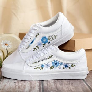 Bridal Flowers Embroidered Vans Wedding for Bride, Custom Vans Embroidery Floral Blue Embroidered Vans Slip On, Wedding Sneake, Gift For Her