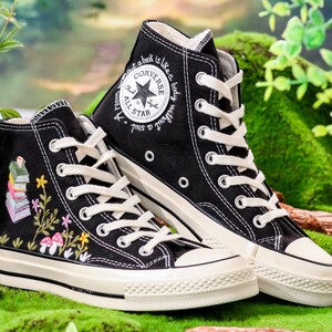 Hand-Embroidered Book & Mushroom Floral Converse,Book Embroidered Converse Shoes, Flower Embroidered Sneaker,Magical Graduation Gift for Her