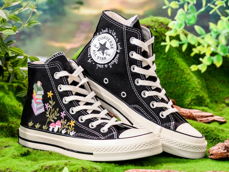 Hand-Embroidered Book & Mushroom Floral Converse,Book Embroidered Converse Shoes, Flower Embroidered Sneaker,Magical Graduation Gift for Her