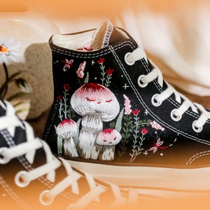 Custom Embroidered Converse Shoes, Mushroom Embroidery Converse High Tops, Custom Converse Shoes for Mushroom Lovers,  Unique gifts