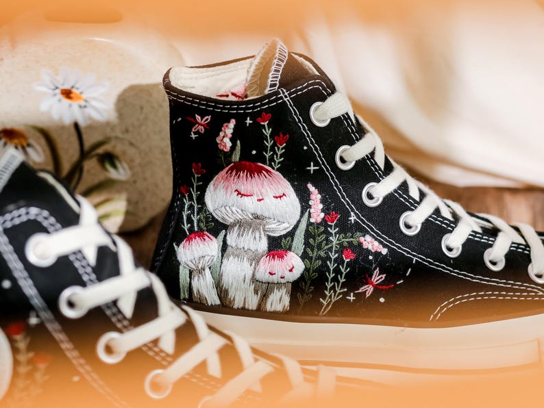 Custom Embroidered Converse Shoes, Mushroom Embroidery Converse High Tops, Custom Converse Shoes for Mushroom Lovers,  Unique gifts