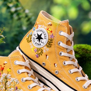 Embroidered Yellow Converse,Custom High Tops Embroidered Tiny Wildflower Garden, Flower Embroidered Converse Shoes,Floral Embroidery Sneaker