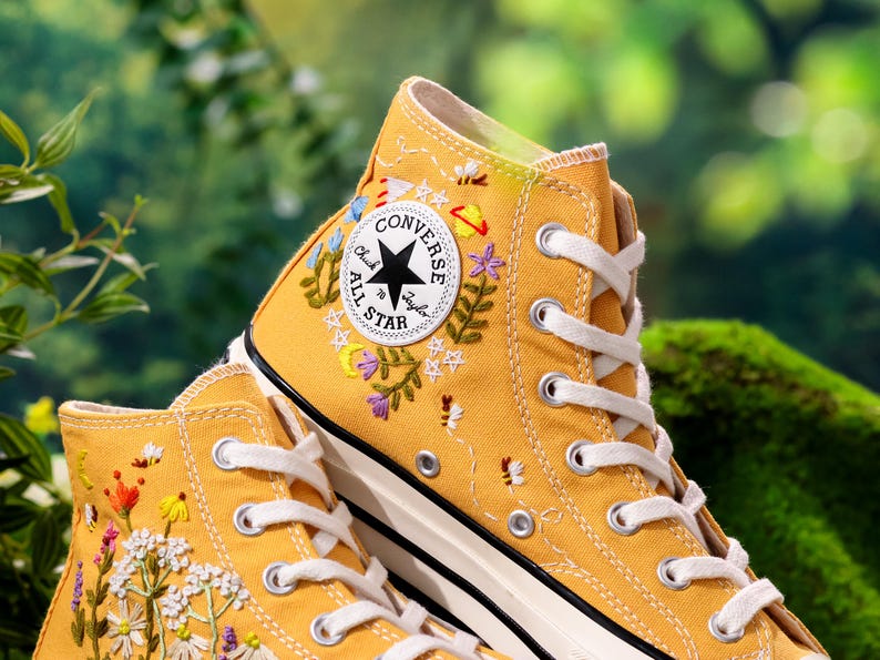 Embroidered Yellow Converse,Custom High Tops Embroidered Tiny Wildflower Garden, Flower Embroidered Converse Shoes,Floral Embroidery Sneaker