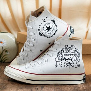 Custom Halloween Embroidered Converse Chuck Taylor High Tops, Converse Embroidery Dancing Skeletons & Spooky, Custom Sneaker, Halloween Gift