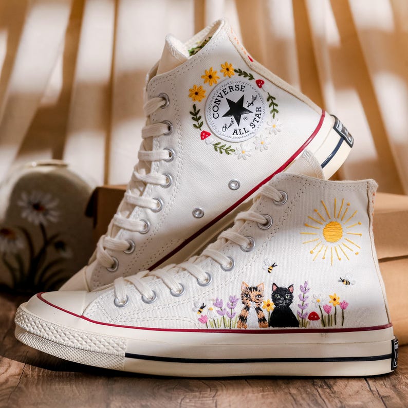 Custom Converse Chuck Taylor Embroidered Cat and Garden Flowers, Pet Embroidered Converse, Sun, Floral, Cat Embroidered Shoes Custom