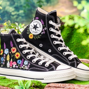 Custom Sunflower Embroidered Converse High Tops, Sunflower and Lavender, Mushroom Embroidered Shoes, Wildflower Embroidered Sneaker Custom
