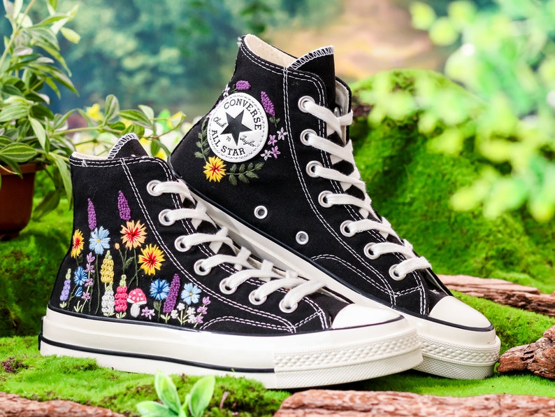 Custom Sunflower Embroidered Converse High Tops, Sunflower and Lavender, Mushroom Embroidered Shoes, Wildflower Embroidered Sneaker Custom