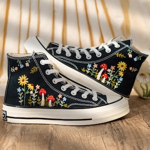 Vintage Embroidered Converse High Top, Handmade Floral & Mushroom Embroidery Converse Shoes, Custom Embroidered Sneakers Black, Fashion Gift