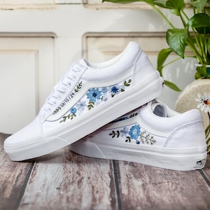 Custom Wedding Vans, Blue Flowers Embroidered Shoes for Bride, Floral Embroidered Vans, Custom Sneakers Embroidery Flowers, Wedding Gifts