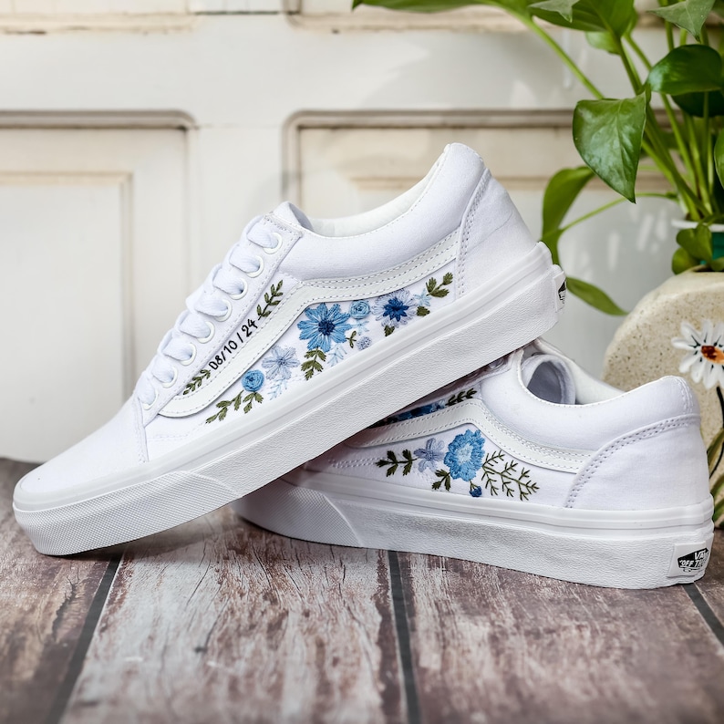Custom Wedding Vans, Blue Flowers Embroidered Shoes for Bride, Floral Embroidered Vans, Custom Sneakers Embroidery Flowers, Wedding Gifts